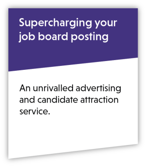 Purple infographic - Supercharging your job board posting. An unrivalled advertising and candidate attraction service.